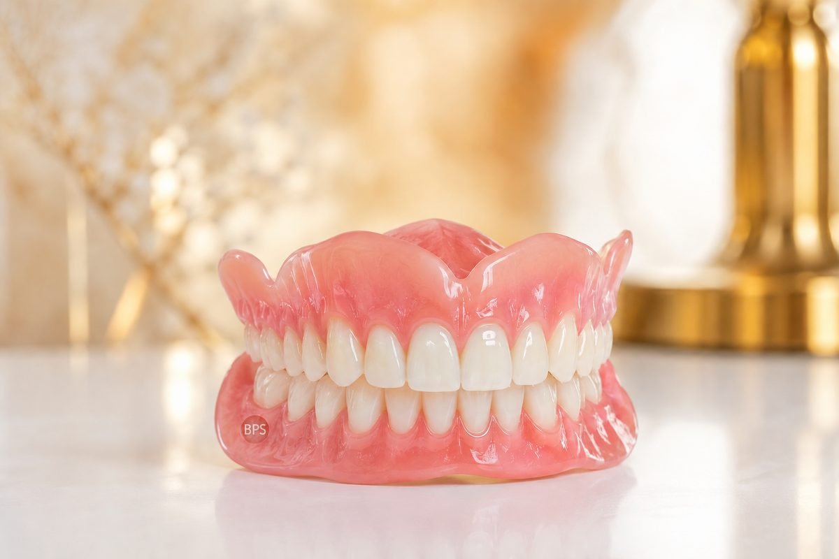 BPS Biofunctional Prosthetic System certified complete denture with BPS logo