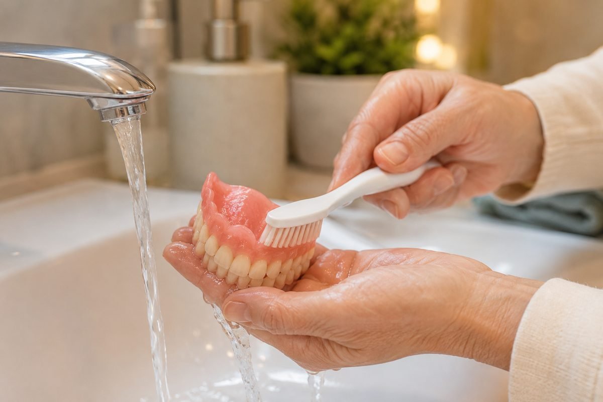 Proper denture cleaning — brushing dentures under water with a soft brush