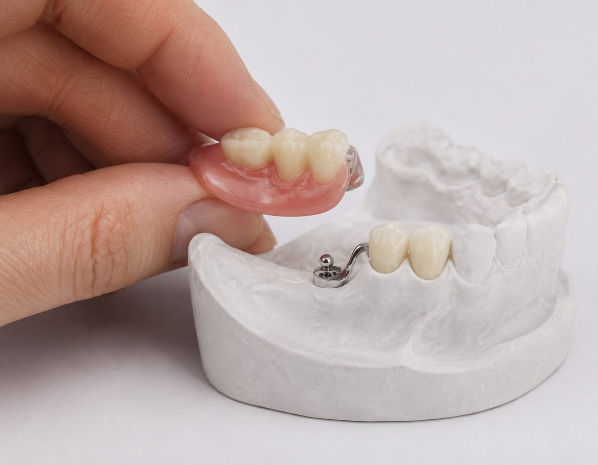 Unilateral precision attachment denture — single side, no visible clasps