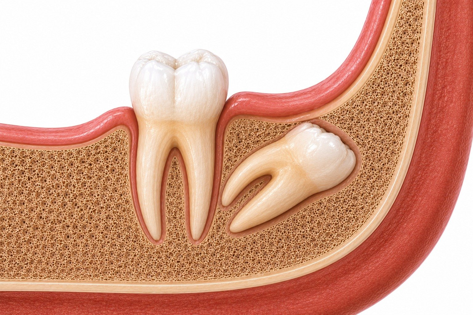 Distoangular impacted wisdom tooth angled backward toward the jaw ramus