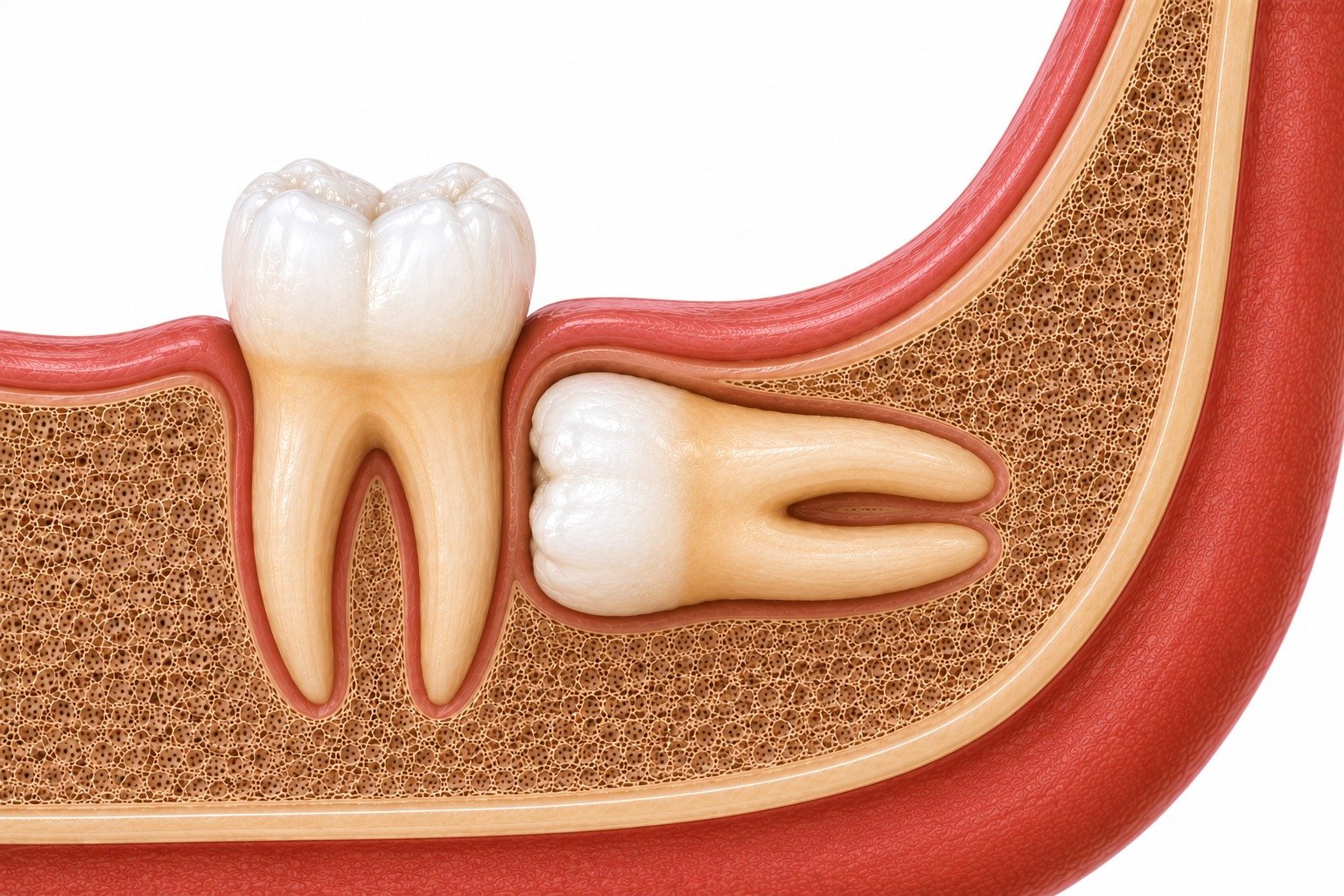 Horizontally impacted wisdom tooth lying on its side inside bone