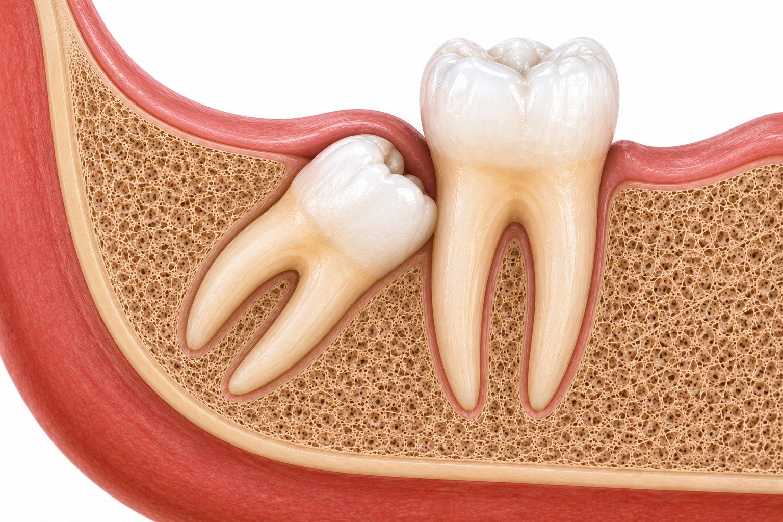 Mesioangular impacted wisdom tooth tilted toward the second molar