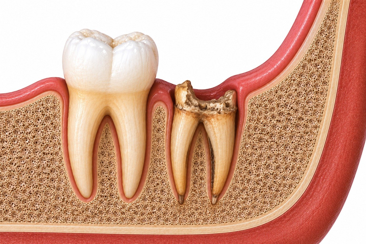 Root stump remaining in jawbone after tooth crown has been lost
