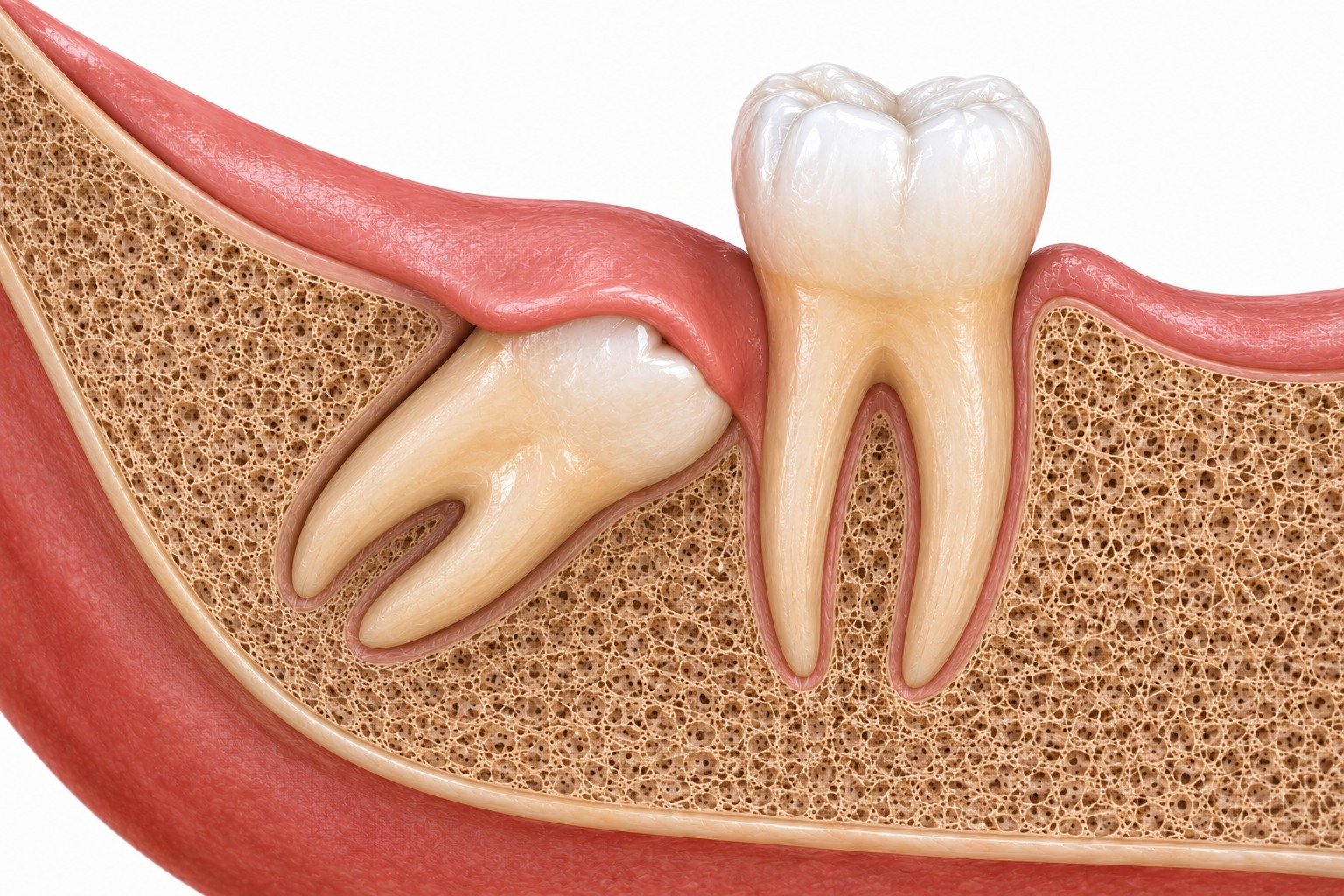Submerged wisdom tooth with crown under bone and gum flap